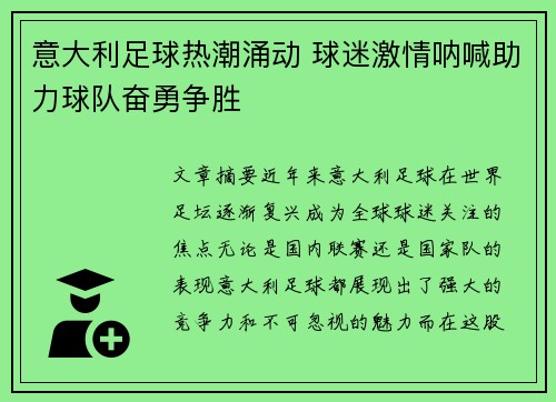 意大利足球热潮涌动 球迷激情呐喊助力球队奋勇争胜