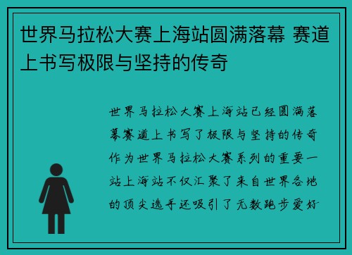 世界马拉松大赛上海站圆满落幕 赛道上书写极限与坚持的传奇