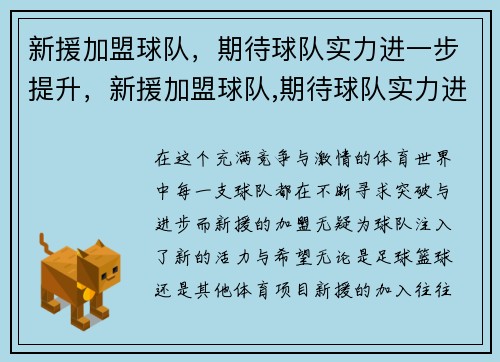 新援加盟球队，期待球队实力进一步提升，新援加盟球队,期待球队实力进一步提升