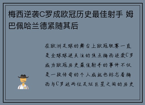 梅西逆袭C罗成欧冠历史最佳射手 姆巴佩哈兰德紧随其后