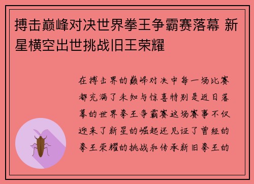 搏击巅峰对决世界拳王争霸赛落幕 新星横空出世挑战旧王荣耀
